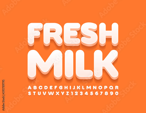Vector healthy emblem Fresh Milk. White stylish Font. Set of 3D modern Alphabet Letters and Numbers set