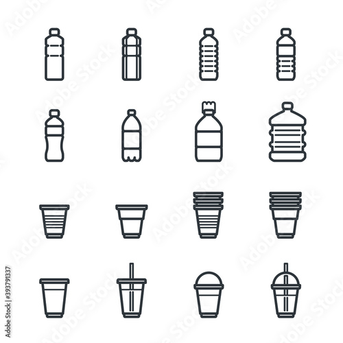 Plastic bottle and glass vector icons set. Simple flat thin line style. Icon included big and small bottles, plastic glass, smoothie, frappe or bubble tea glass.