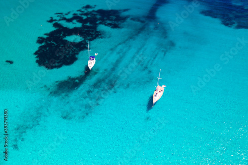 Aerial view of scenic blue lagoon Sakarun with anchored yachts, Dugi Otok island in Croatia