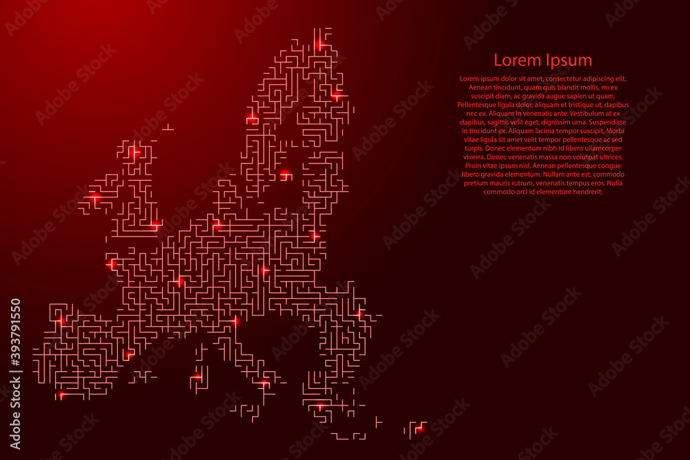 European Union map from red pattern of the maze grid and glowing space stars grid. Vector illustration. European Union map from red pattern of the maze grid and glowing space stars grid. Vector illustration.