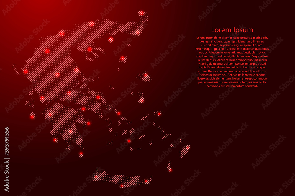 Greece map from red pattern slanted parallel lines and glowing space stars grid. Vector illustration. Greece map from red pattern slanted parallel lines and glowing space stars grid. Vector illustration.
