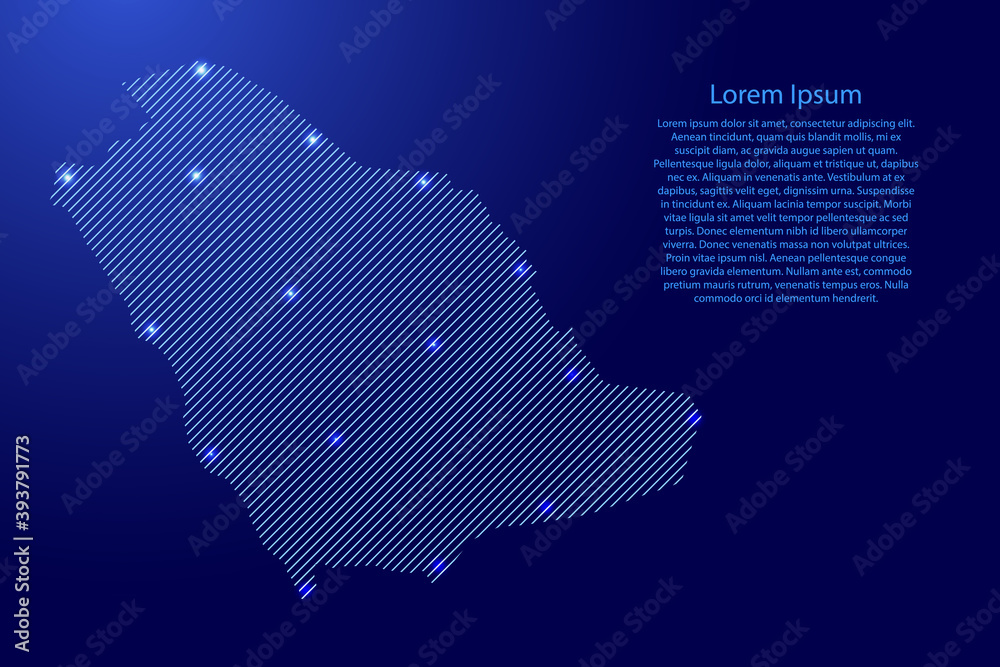 Saudi Arabia map from blue pattern slanted parallel lines and glowing space stars grid. Vector illustration.
