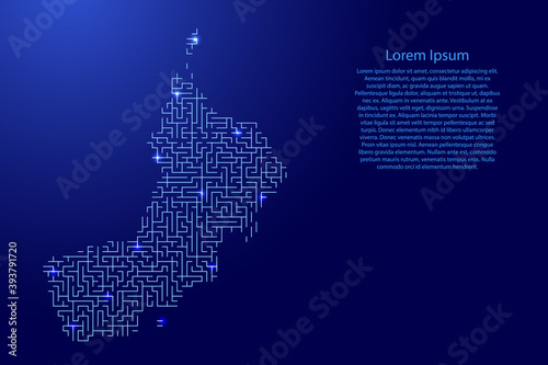 Oman map from blue pattern of the maze grid and glowing space stars grid. Vector illustration.