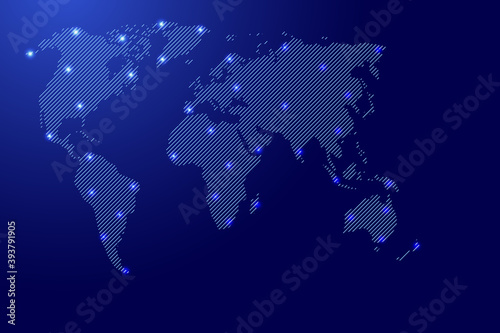 World map from blue pattern slanted parallel lines and glowing space stars grid. Vector illustration.