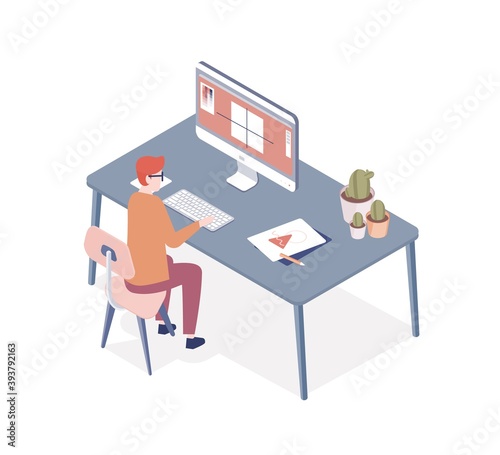 Professional designer sitting at desk and preparing files for print. Printshop specialist working. Creative illustrator workplace. Vector isometric illustration isolated on white background