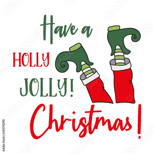 Cartoon illustration with elf legs feet. Christmas elf feet, vector illustration. Cute elf legs, boots, socks. Santa helpers shoes and pants. On white background. 