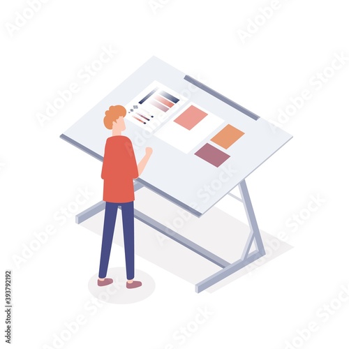 Male typographer working at desk with color palette. Process of offset sample proof at printshop. Man choosing colors in printing house. Vector isometric illustration isolated on white background