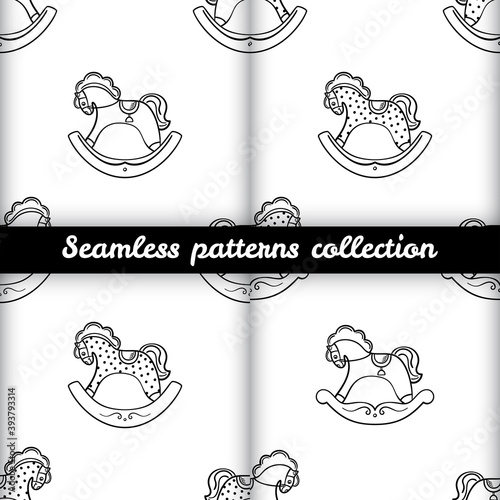 The set of the seamless patterns with the rocking horses on the white background. The save with the Clipping Mask.