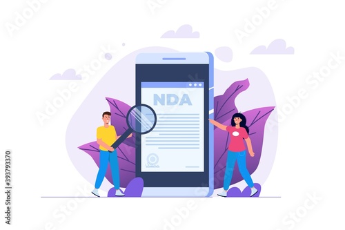 Legal restrictions,  non-disclosure agreement contract or NDA  concept. Vector illustration with tiny people.