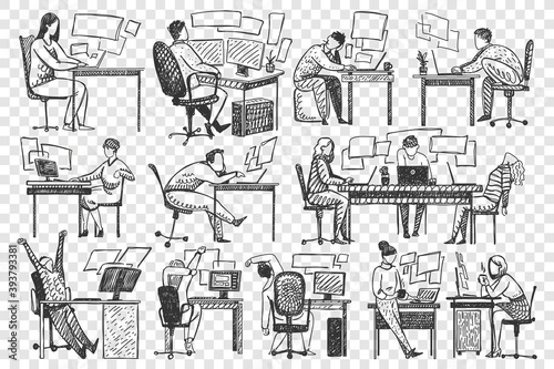 People in office doodle set. Collection of hand drawn businessmen women clerks managers sitting working at workplace desk together isolated on transparent background. Business occupation illustration.