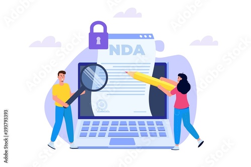 Legal restrictions,  non-disclosure agreement contract or NDA  concept. Vector illustration with tiny people.