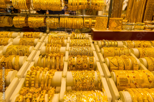 Golden jewelry at the gold street, also called Gold souk, in the city of Dubai, UAE