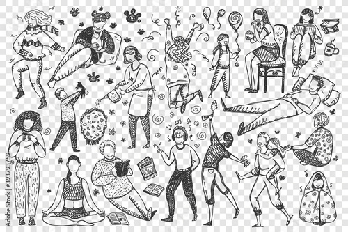 People doodle set. Collection of hand drawn men women characters celebrating reading drinking coffee listen music meditating dancing isolated on transparent background. Human leisure time illustration