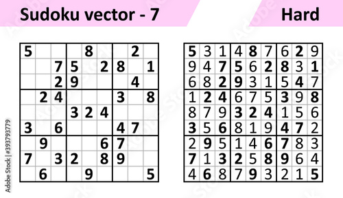 Sudoku game with answers. Simple vector design set Sudoku. Blank template. Complexity of the task is hard.