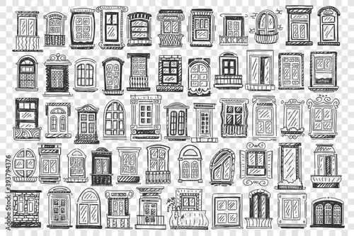 Windows doodle set. Collection of hand drawn of different size window frames and balcony facade of buildings on transparent background. Architecture and outdoor design illustration.