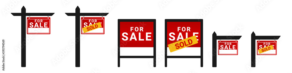 For Sale, Sold Wooden Posts - Different Vector Illustrations - Isolated On White Background For Sale, Sold Wooden Posts - Different Vector Illustrations - Isolated On White Background