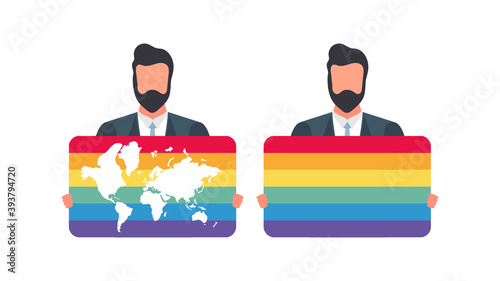 A man holding an LGBT flag. The guy is holding a banner with LGBT color. Vector.
