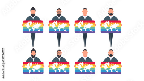 A set of people who are holding the LGBT flag. The concept of tolerance towards the LGBT community. Vector.