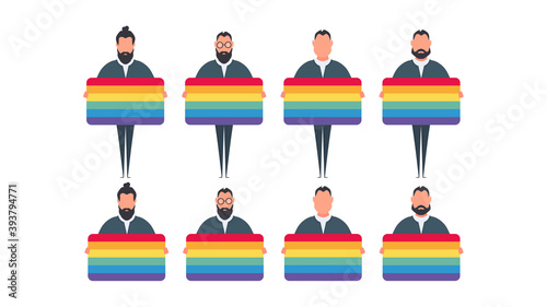 A set of people who are holding the LGBT flag. The concept of tolerance towards the LGBT community. Vector.