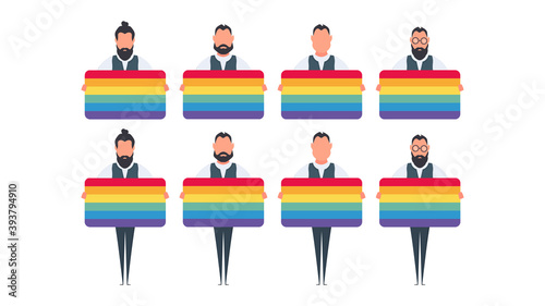 A set of people who are holding the LGBT flag. The concept of tolerance towards the LGBT community. Vector.