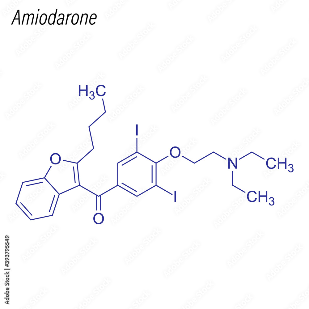 Vector Skeletal formula of Amiodarone. Drug chemical molecule.