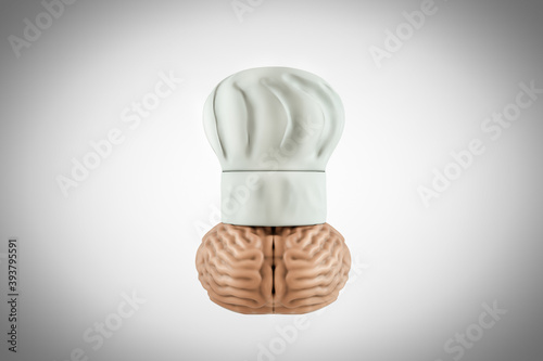 Close up of chef hat with a brain in white-grey background. Cooking idea or food preparation or creative to produce work concept. 3D illustration
