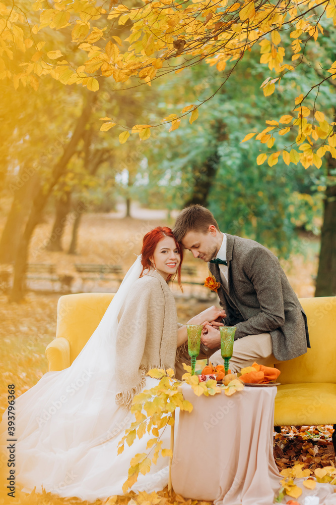 The newlyweds sitting on soft chairs in the autumn park