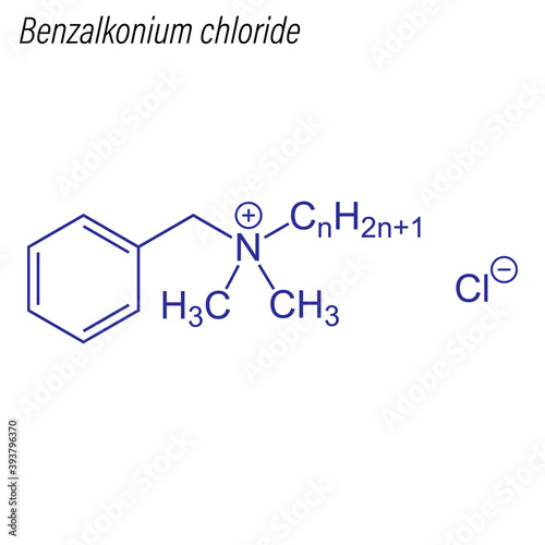 Vector Skeletal formula of Benzalkonium chloride. Antimicrobial chemical molecule.
