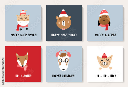 Set of Christmas cards with cute animals.