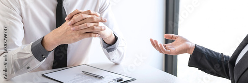 Employer arriving for a job interview, businesswoman listen to candidate answers explaining about her profile and colloquy dream job, manager sitting in job Interview talking in office