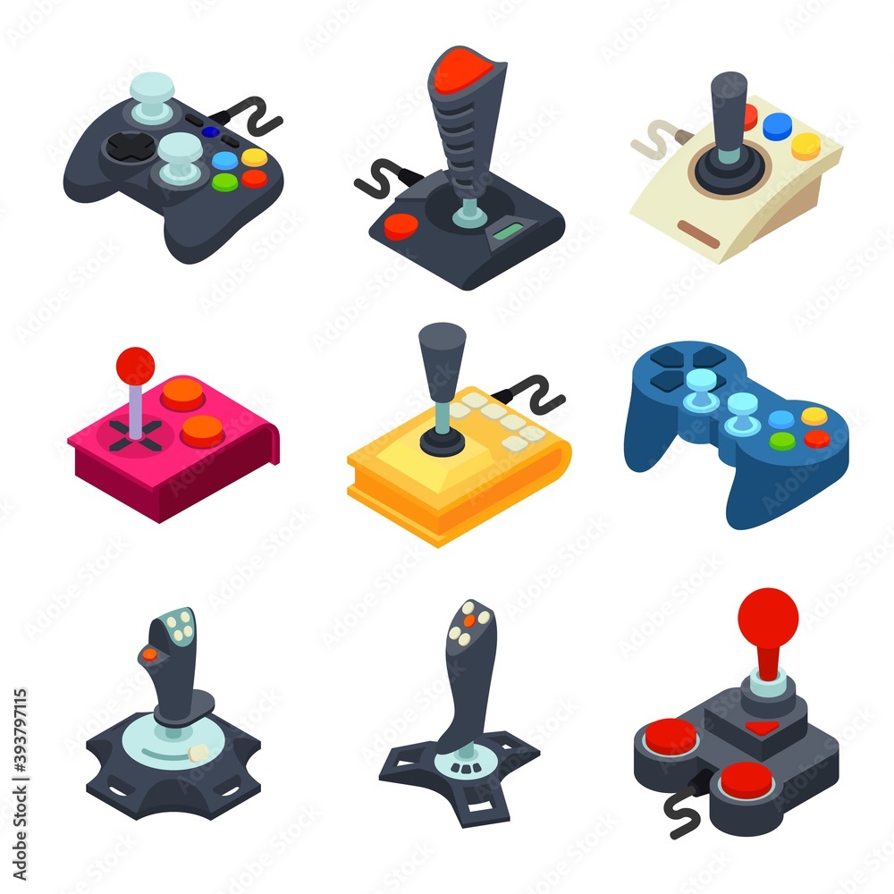 Joystick icons set. Isometric set of joystick vector icons for web design isolated on white background