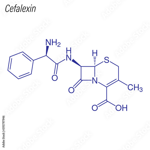 Vector Skeletal formula of Cefalexin. Drug chemical molecule.