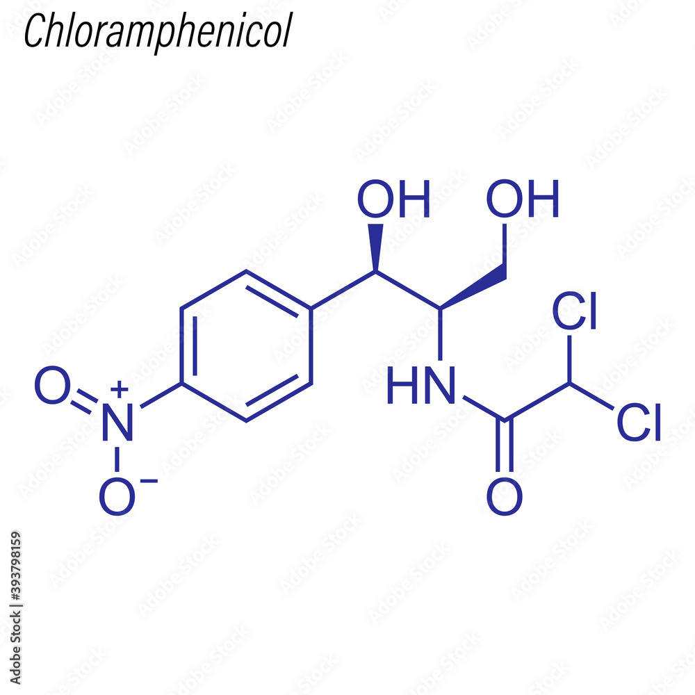 Vector Skeletal formula of Chloramphenicol. Drug chemical molecule.