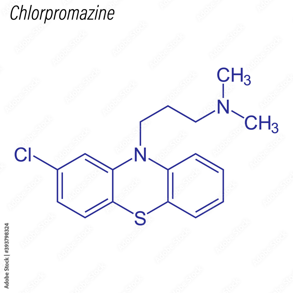 Vector Skeletal formula of Chlorpromazine. Drug chemical molecule. Vector Skeletal formula of Chlorpromazine. Drug chemical molecule.