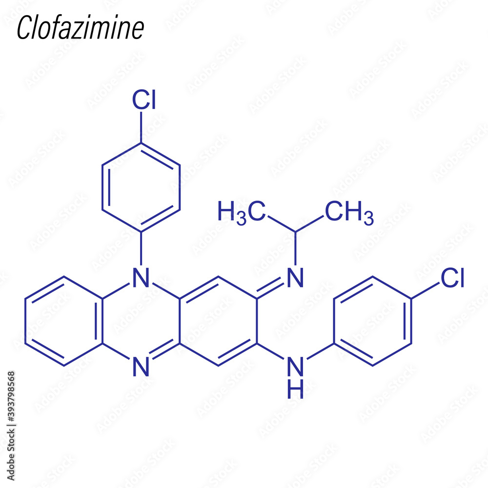 Vector Skeletal formula of Clofazimine. Drug chemical molecule.