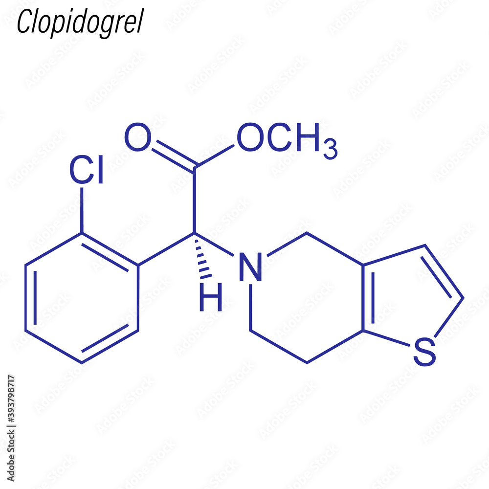 Vector Skeletal formula of Clopidogrel. Drug chemical molecule.