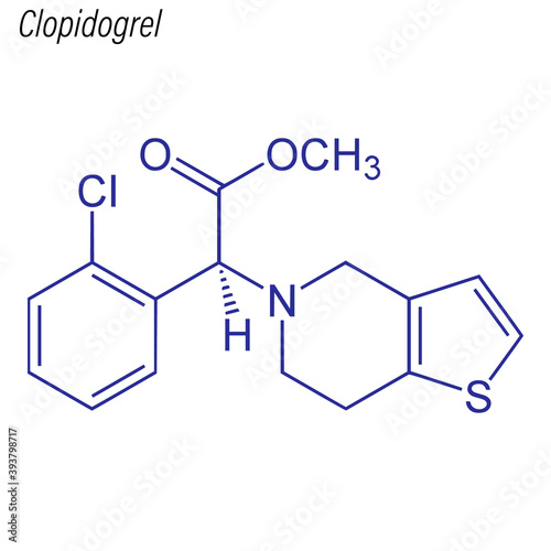 Vector Skeletal formula of Clopidogrel. Drug chemical molecule.