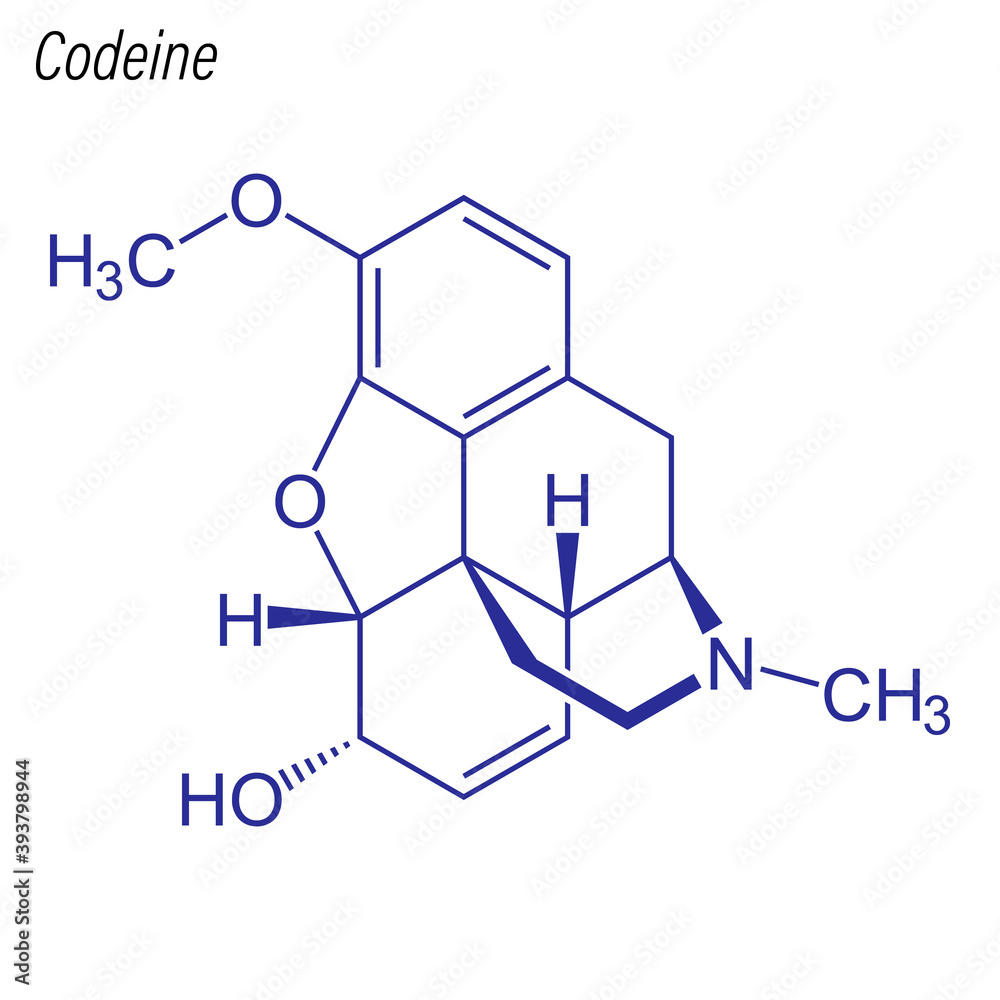 Vector Skeletal formula of Codeine. Drug chemical molecule. Vector Skeletal formula of Codeine. Drug chemical molecule.