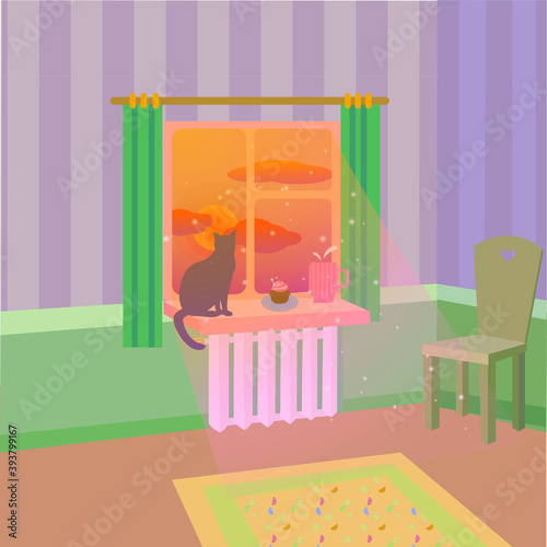 Vector interior of a room wuth a can on a windowsill and a view on a sunset
