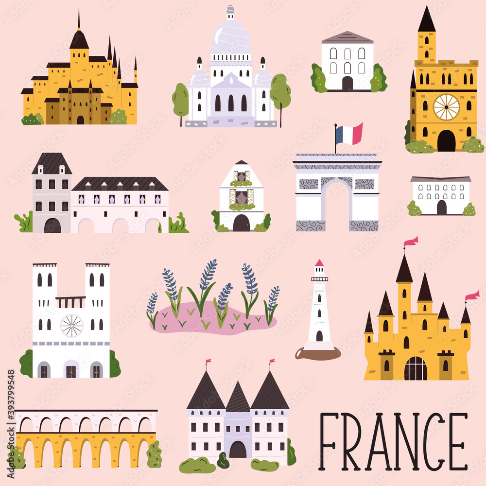 Big collection of famous landmarks of France. Vector illustration Big collection of famous landmarks of France. Vector illustration