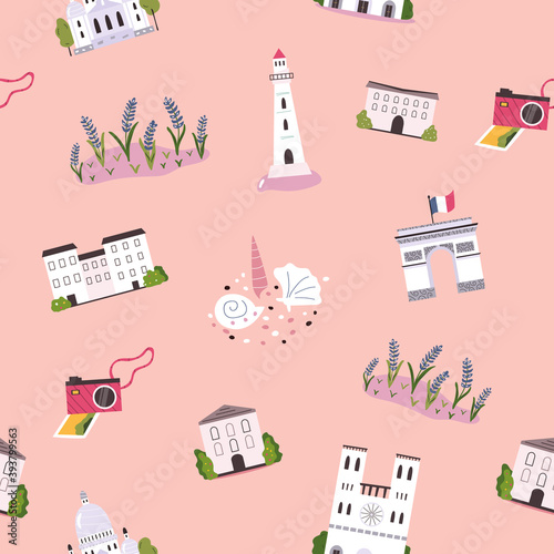 Seamless pattern with famous landmarks and symbols of France