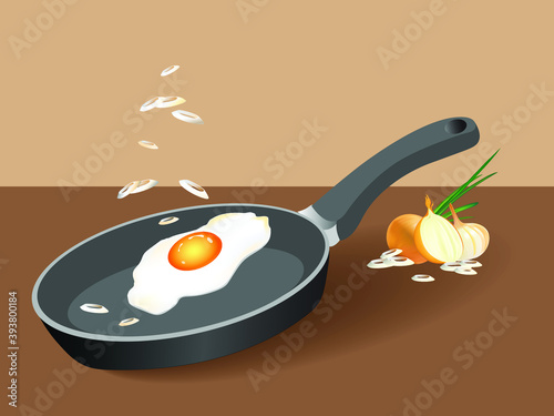 Vector realistic illustration of frying pan with scrambled eggs, falling  sliced onion rings on top and onions in the background.