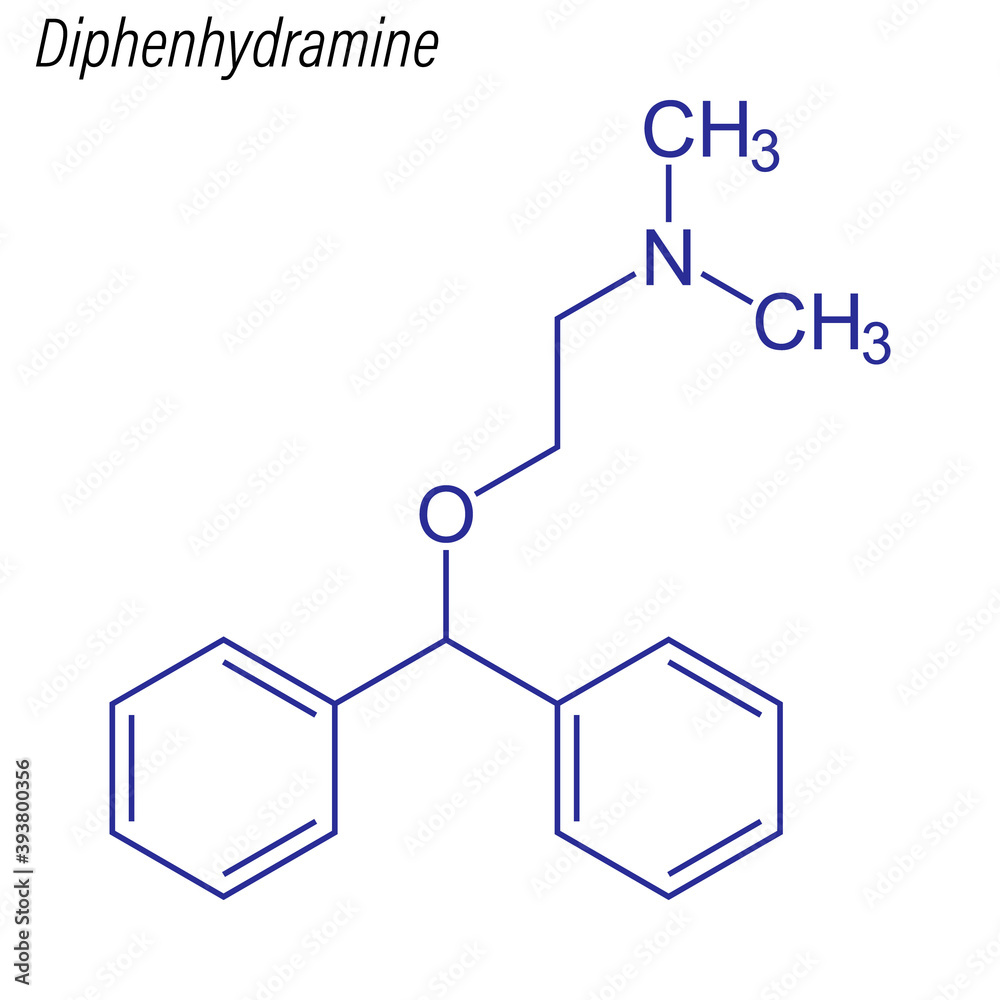 Vector Skeletal formula of Diphenhydramine. Drug chemical molecule. Vector Skeletal formula of Diphenhydramine. Drug chemical molecule.