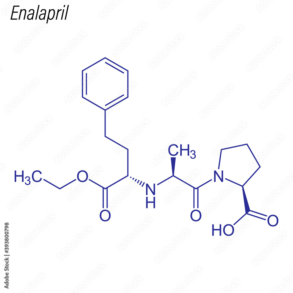 Vector Skeletal formula of Enalapril. Drug chemical molecule. Vector Skeletal formula of Enalapril. Drug chemical molecule.