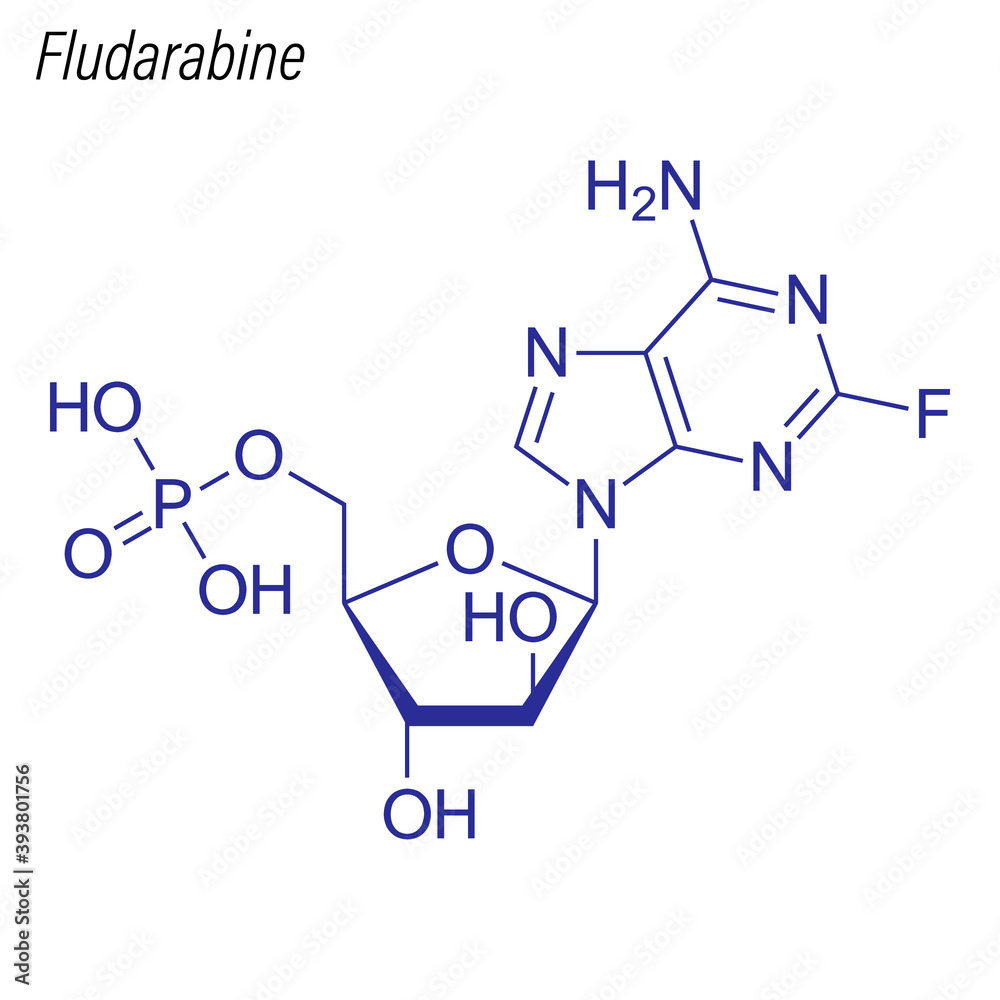 Vector Skeletal formula of Fludarabine. Drug chemical molecule. Vector Skeletal formula of Fludarabine. Drug chemical molecule.