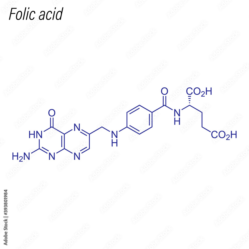 Vector Skeletal formula of Folic acid. Drug chemical molecule. Vector Skeletal formula of Folic acid. Drug chemical molecule.