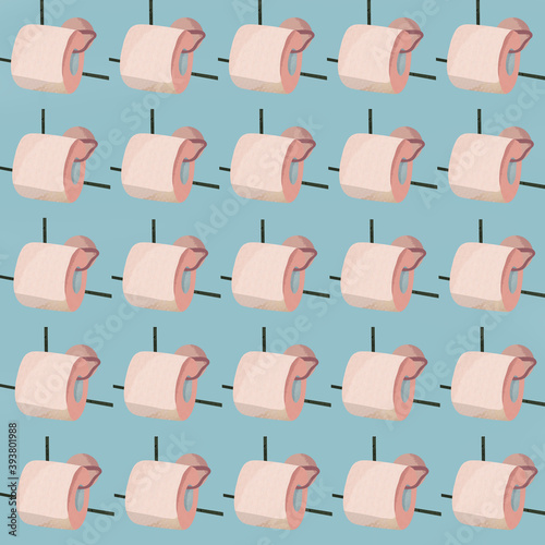 Ilustracja kolaż papier toaletowy rolki w różowym kolorze na tle błękitnych kafelek