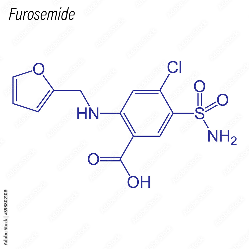 Vector Skeletal formula of Furosemide. Drug chemical molecule. Vector Skeletal formula of Furosemide. Drug chemical molecule.