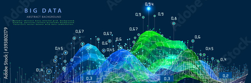 Abstract background with wavy polygonal grid data. Big data. Quantum cryptography concept. Analytics algorithms data. Banner for bussines, science and techology.