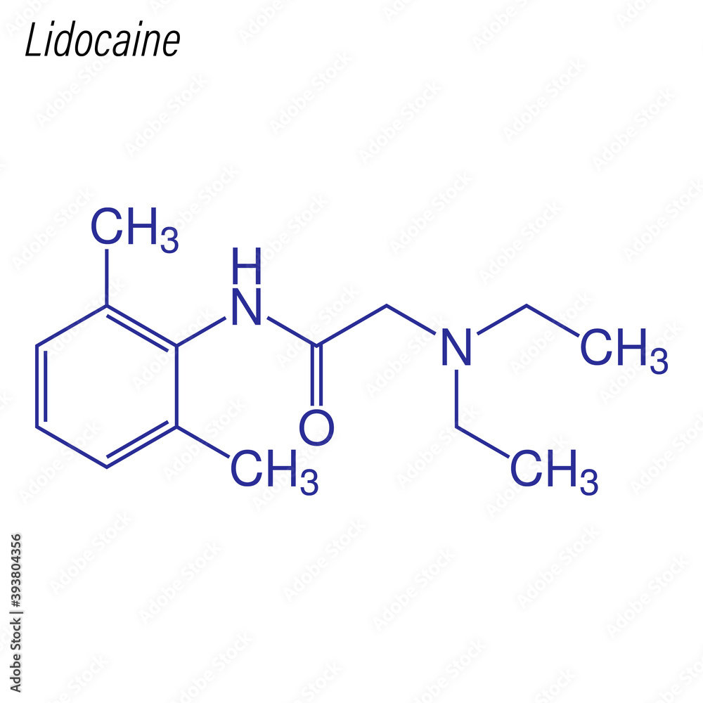 Vector Skeletal formula of Lidocaine. Drug chemical molecule.